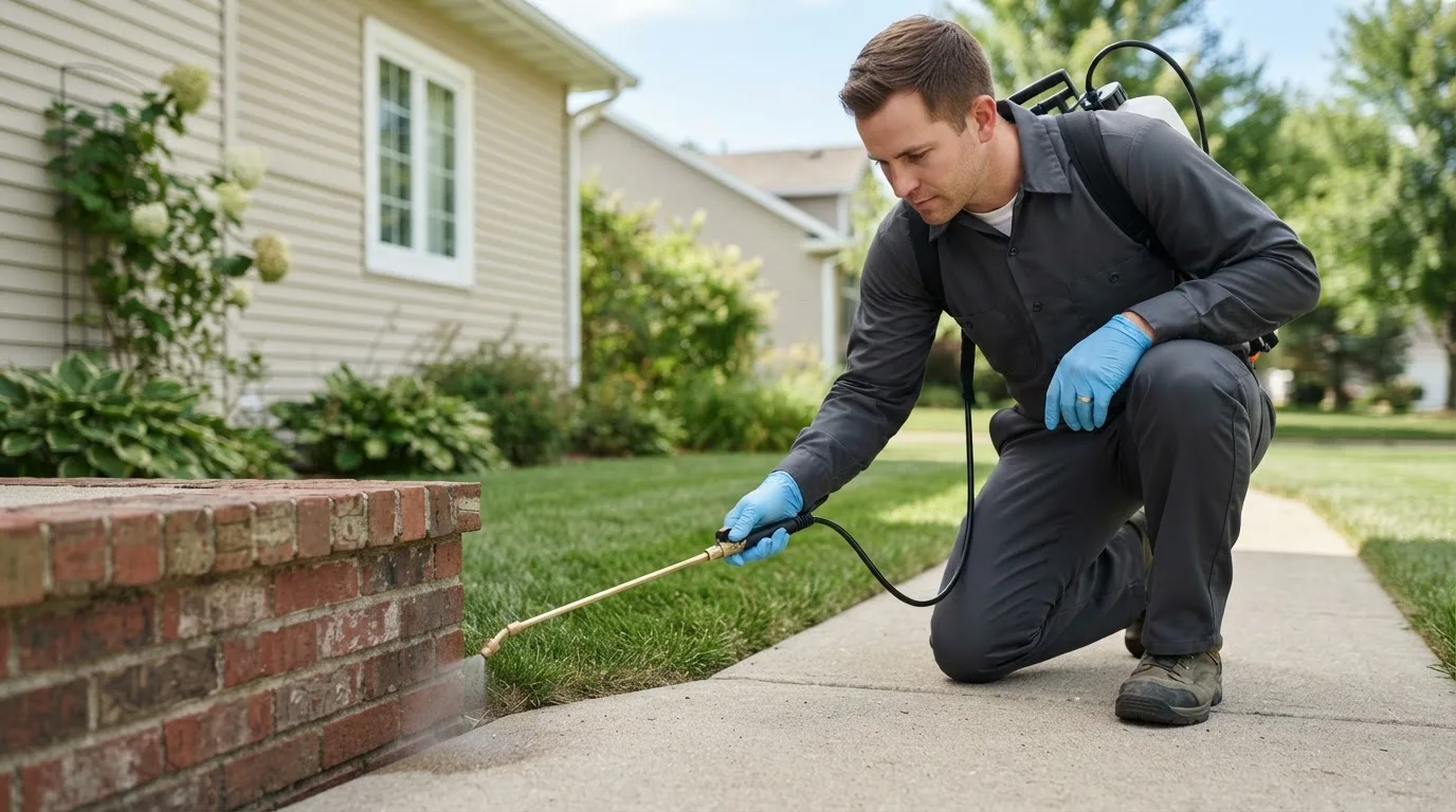 Pest control technician treating a home near South Greenfield, MO