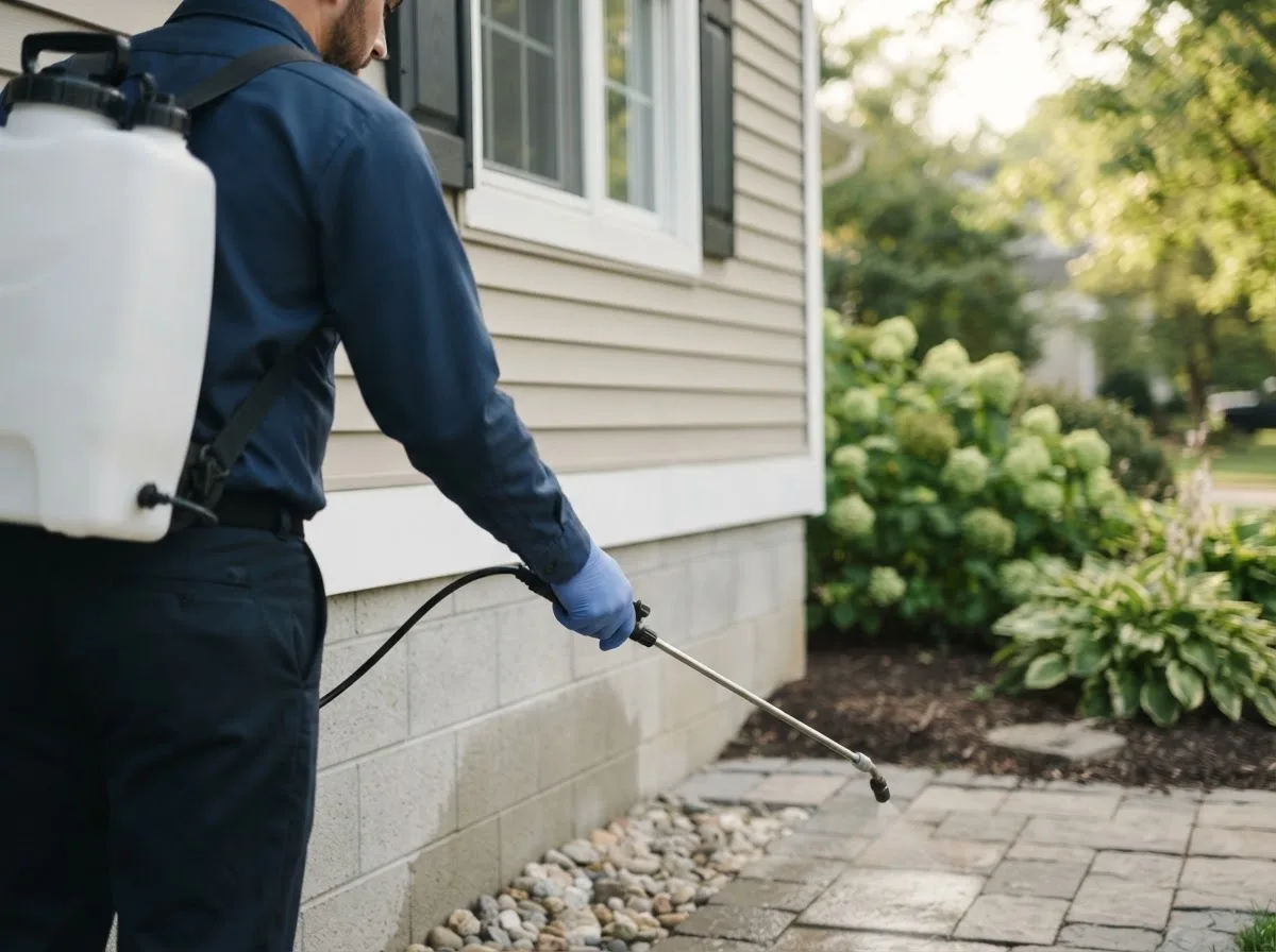 Pest control technician inspecting a home in South Greenfield, MO